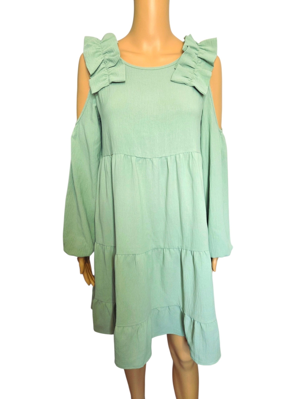 ODDI Cold-Shoulder L/S Ruffle Gypsy Tiered Dress in Sage Green Size S, NWT